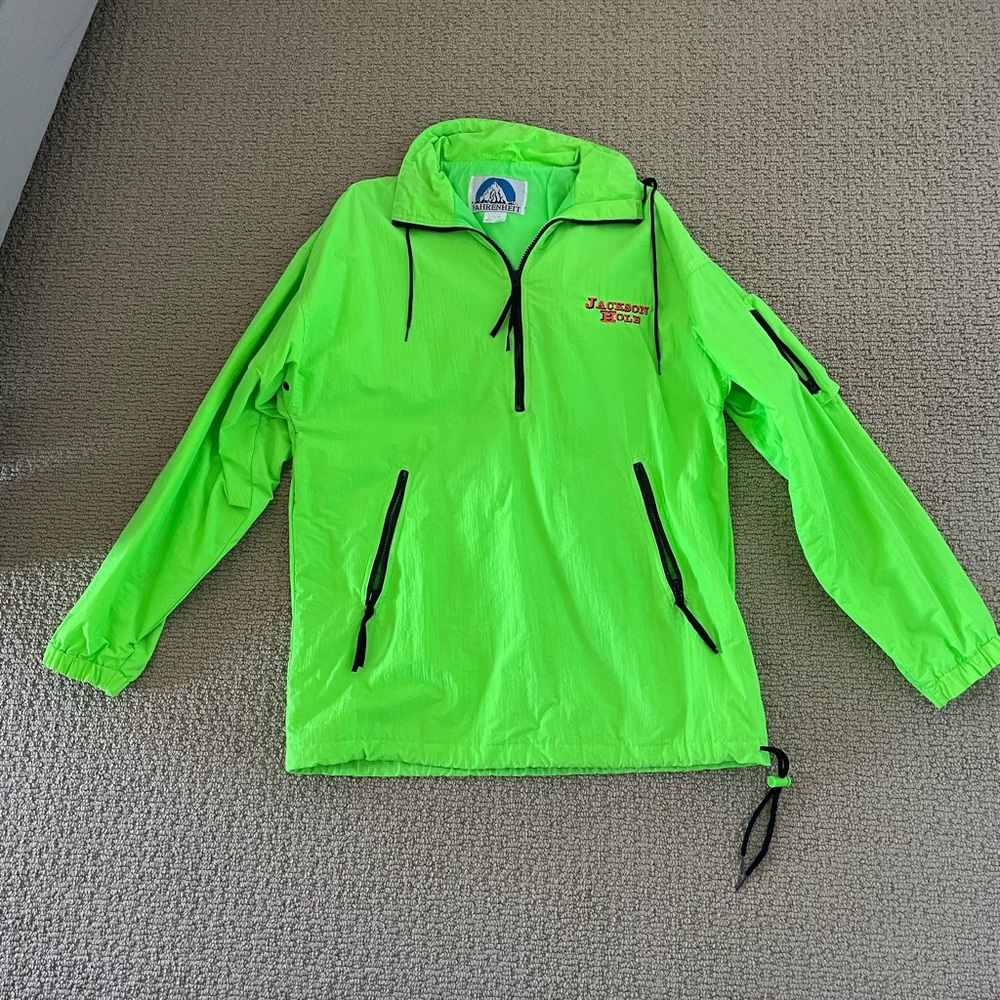 Fahrenheit Neon Green Mens Hooded Pullover Rain Jacket 1990s vintage